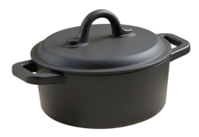 Black cast iron pot with lid and handles, perfect for cooking and slow simmering png