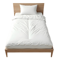 Clean and comfortable white single bed with soft duvet and pillow png