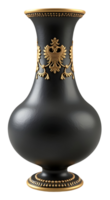 Luxurious black vase adorned with elaborate gold patterns. Its elegant design enriches png