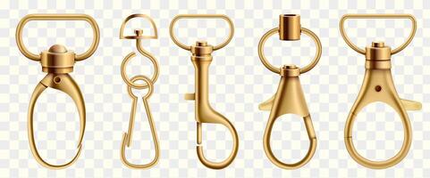 Realistic gold metal swivel lobster clasps in various shapes, commonly used in keychains, crafts, and bags. vector
