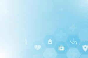 Medical abstract blue background with health symbols like stethoscope, heart, and first aid kit, ideal for healthcare and technology themes. vector