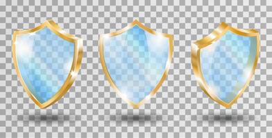 Glass shields with gold edging. Realistic blue acrylic panels with reflections and light sparkles Front and side view. Illustration vector