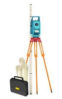Land surveying tools including a total station on tripod, measuring rod, blueprints, and a briefcase. Illustration. vector