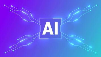 A futuristic animation of AI text centered with glowing circuit lines branching outward, symbolizing artificial intelligence, neural networks, and digital connectivity video