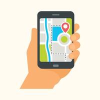 Light Peach Skin Tone Hand Holding Smartphone Displaying Simplified Map with Location Pin vector