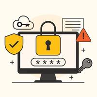 Computer Screen Displaying Yellow Padlock Password Security Data Protection Cloud Key Icon vector