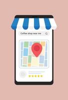 Smartphone App Showing Coffee Shop Location Map Search Results Blue Striped Awning Five Star Rating vector