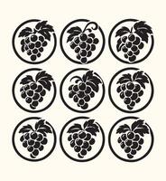 Nine Black and White Grape Clusters in Circular Frames Stylized Fruit Icons Set Design Elements vector