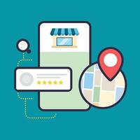 Teal Smartphone App Displaying Business Location Map Reviews Five Stars Rating vector