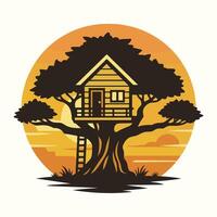 Sunset Silhouette Treehouse Wooden Cabin in Large Tree with Ladder vector