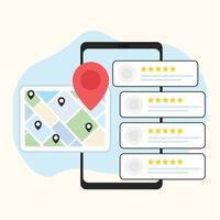 Smartphone Displaying Map with Location Pins and Five Star Customer Reviews on Light Blue Background vector