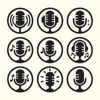 Nine Black Microphone Icons Set Circle Background Music Sound Recording Studio Podcast vector