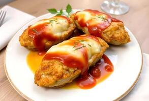 Three stuffed potatoes with cheese and sauce on a white plate photo