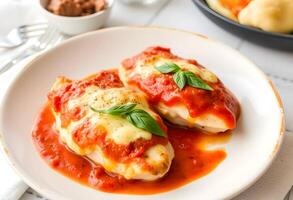 Chicken stuffed with tomato sauce and cheese on a white plate photo
