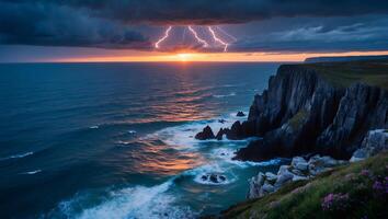 Ocean Cliffside View with Dramatic Sunset and Lightning Storm Scenery photo