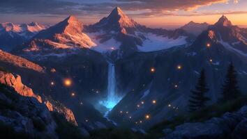 Waterfall Flowing Between Mountains at Sunrise with Glowing Light Orbs photo