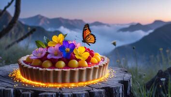 Delicious Fruit Tart Topped with Butterfly and Flowers in Nature photo