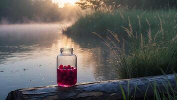 Raspberry Filled Jar on Log Overlooking Tranquil Lake at Sunrise photo