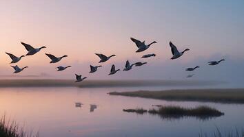 Geese Flying Over Water at Sunrise with Hazy Morning Light photo