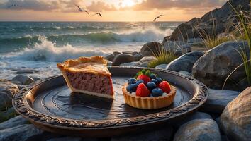 Serving Piece of Pie and Berry Tart by the Ocean at Sunset photo