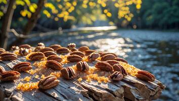 Pecan Nuts and Brown Sugar on Wood by River in Nature photo