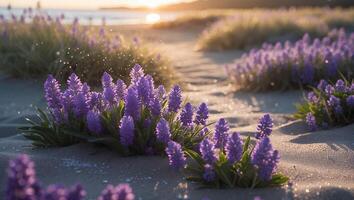 Lavender Flowers Blooming on Sandy Beach at Sunset with Golden Light photo