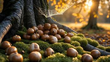 Hazelnuts Gathering Under Tree Roots in Autumn Forest with Cobweb photo