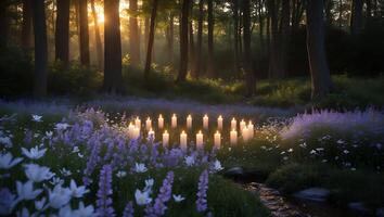 Candles Glowing in Forest Clearing with Wildflowers at Sunset photo