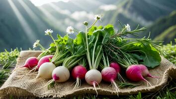 Fresh Radishes with Leaves and Rosemary on Rustic Burlap Cloth photo