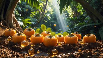 Harvested Persimmons Displayed on Soil in Tropical Forest Sunlight photo
