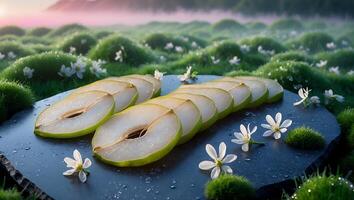 Sliced Pear Fruit on Stone Plate with Flowers and Moss photo