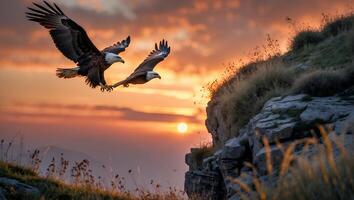 Eagles Flying Over Mountain Rocks at Sunset with Golden Sky photo