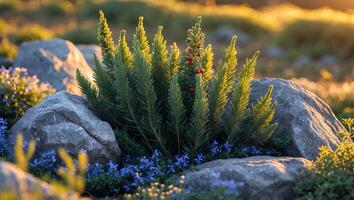 Evergreen Plant Growing Among Rocks with Blue Flowers in Sunlight photo