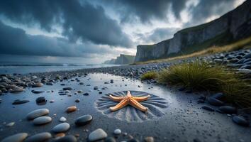 Starfish Resting on Rocky Beach with Dramatic Cliffs and Cloudy Sky photo