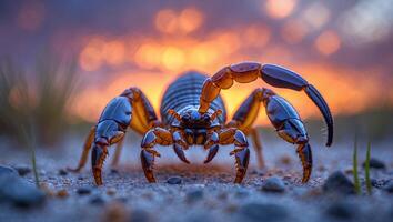 Scorpion Walking on Ground During Colorful Sunset in Nature Setting photo
