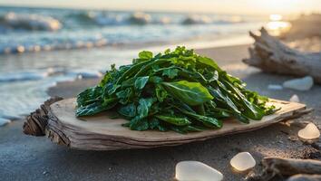 Fresh Green Vegetables on Wood by Beach at Sunset with Waves photo