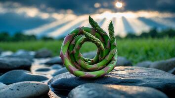 Arranged Asparagus on River Rocks at Sunset with Sunbeams photo