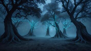 Mysterious Glowing Tree Forest with Fog and Dark Tranquility photo