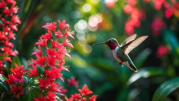 Hummingbird Hovering Near Vibrant Red Flowers in Natural Sunlight Garden photo