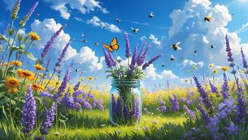 Lavender Flowers in Jar with Butterfly and Bees Over Sunny Meadow photo
