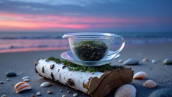 Clear Tea Cup with Green Herbs on Log at Beach Sunset photo