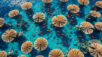 Swimming Goldfish Around Beautiful Coral Reefs in Crystal Clear Tropical Water photo