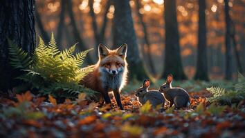 Fox with Rabbits in Autumn Forest at Sunset Wildlife Encounter photo