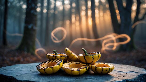 Grilled Squash Halves Displayed on Stone Slab in Misty Forest photo
