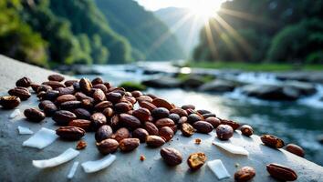 Pile of Almonds and Coconut Flakes with River Background photo