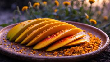 Sliced Mango on Plate with Yellow Flowers in Background photo