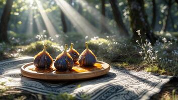 Figs on Wooden Plate Outdoors with Soft Light in Forest photo