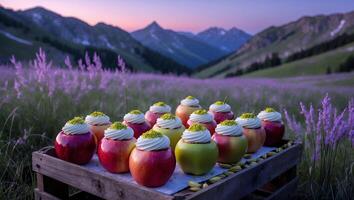 Apples with Cream and Pistachios on a Tray in Mountain Field photo
