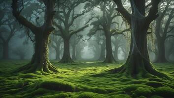 Walking Through a Mossy Forest with Twisted Trees and Eerie Mist photo