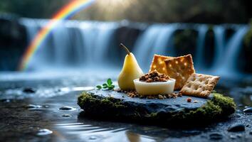 Pear, Dip, and Crackers with Waterfall Backdrop and Rainbow photo